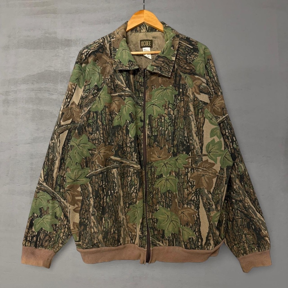 Vintage Ocoee Camouflage‎ Zip Up Bomber Jacket Brown Green Rebark Camo XXL